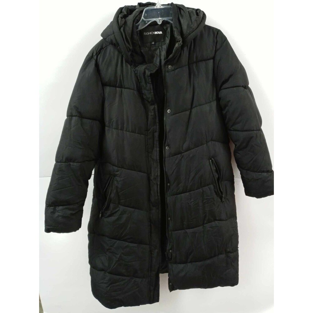 Fashion Nova Men’s Black Long Puffer Coat Hooded Winter Jacket Size 2XL